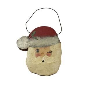Vintage Hand painted Primitive Wood Santa Head Hat Holly Christmas Tree Ornament